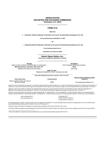 Thumbnail Gemini Space Station 10-Q Quarterly Report FY 