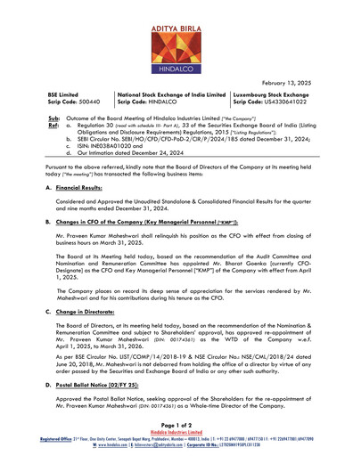 Thumbnail Hindalco Industries
 Quarterly Report 2024-q3
