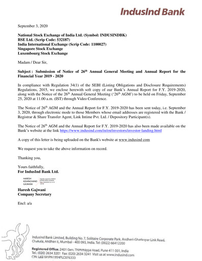 Thumbnail IndusInd Bank
 Annual Report 2019-2020