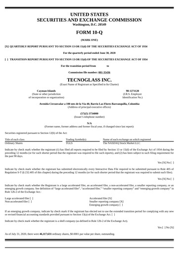 Miniature Tecnoglass Rapport trimestriel 2020-q2
