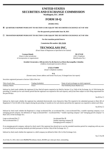 Miniature Tecnoglass Rapport trimestriel 2021-q2
