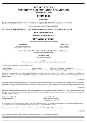 Miniature Tecnoglass Rapport trimestriel 2022-q3