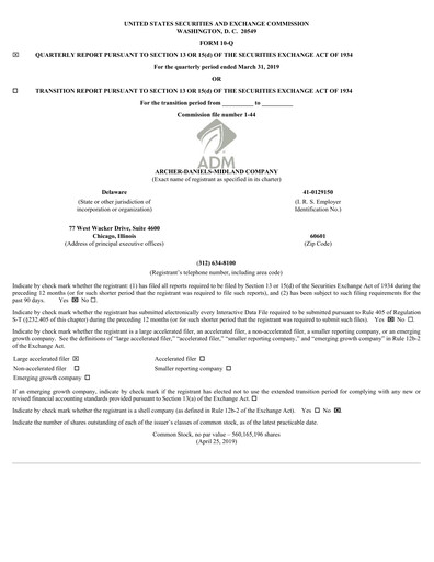 Miniature Archer Daniels Midland (ADM)
 Rapport trimestriel 2019-q1