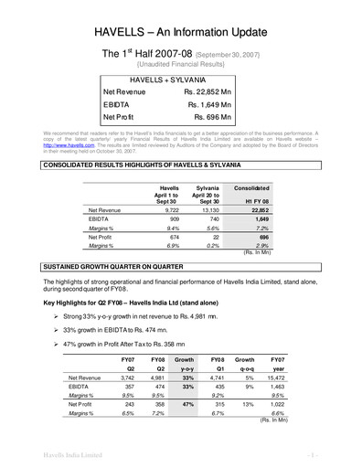 Thumbnail Havells India Half-year Report 2007-h1