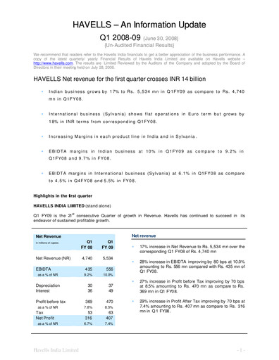 Thumbnail Havells India Quarterly Report 2008-q1