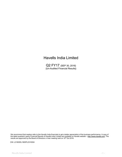 Thumbnail Havells India Quarterly Report 2016-q2