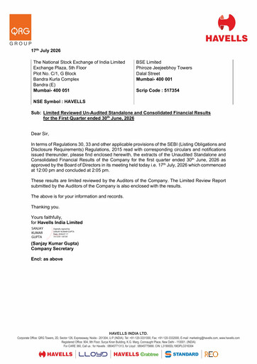 Thumbnail Havells India Quarterly Report 2026-q1