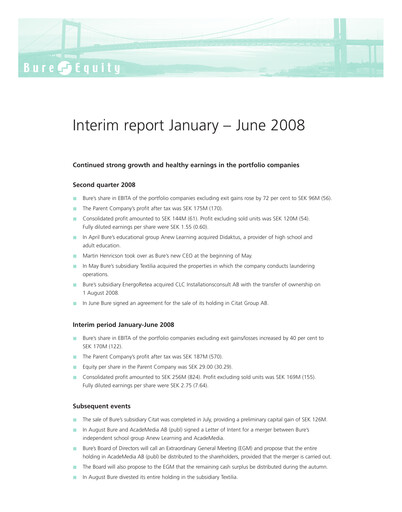 Thumbnail Bure Equity AB Half-year Report 2008-h1