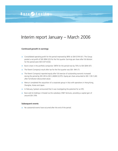 Thumbnail Bure Equity AB Quarterly Report 2006-q1