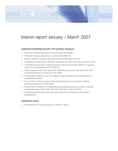 Thumbnail Bure Equity AB Quarterly Report 2007-q1