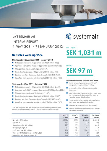 Thumbnail Systemair AB Quarterly Report 2011-q3