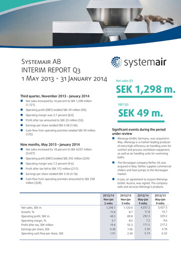 Thumbnail Systemair AB Quarterly Report 2013-q3