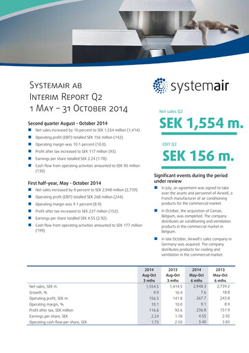 Thumbnail Systemair AB Quarterly Report 2014-q2