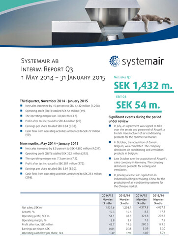 Thumbnail Systemair AB Quarterly Report 2014-q3