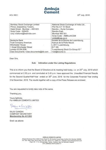 Miniature Ambuja Cements
 Rapport trimestriel 2018-q2