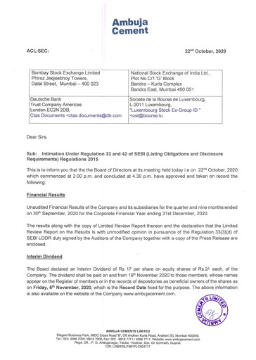 Miniature Ambuja Cements
 Rapport trimestriel 2020-q3