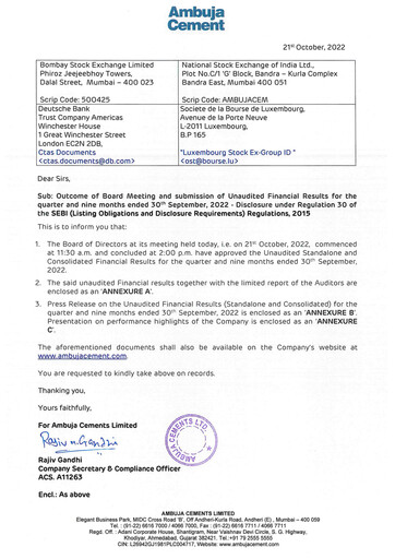 Thumbnail Ambuja Cements
 Quarterly Report 2022-q3