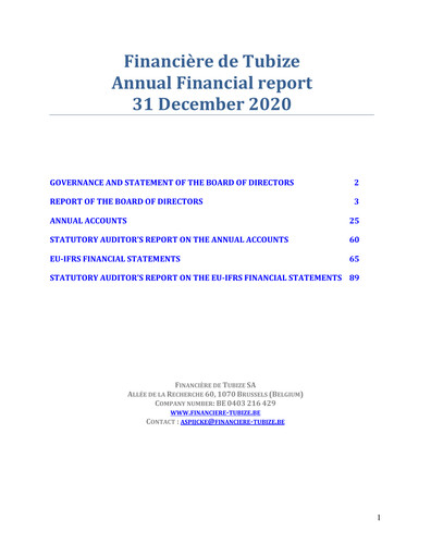 Thumbnail Financière de Tubize Financial Report 2020