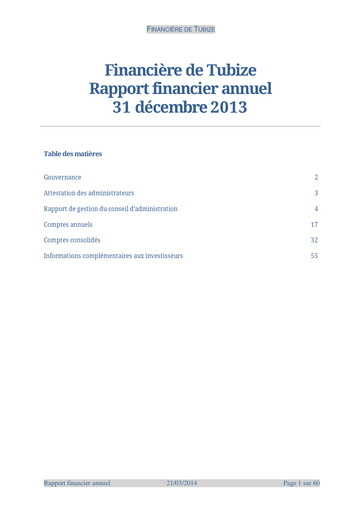 Vorschaubild Financière de Tubize Finanzbericht 2013