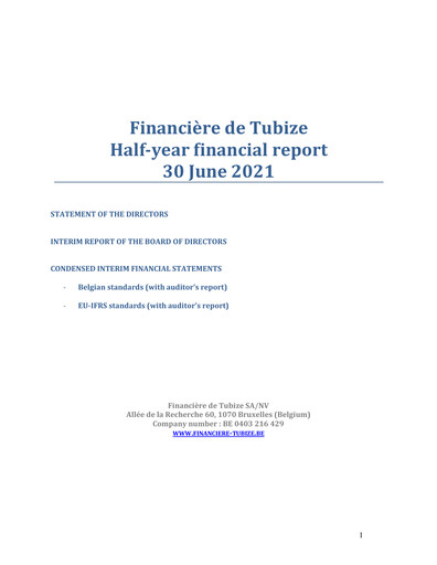 Thumbnail Financière de Tubize Half-year Report 2021-h1