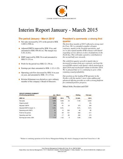 Thumbnail Coor Service Management Holding AB Quarterly Report 2015-q1