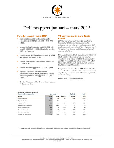 Thumbnail Coor Service Management Holding AB Quarterly Report 2015-q1