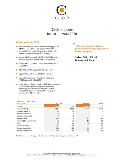 Thumbnail Coor Service Management Holding AB Quarterly Report 2020-q1