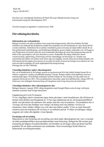 Miniature Plejd AB Rapport annuel 2019