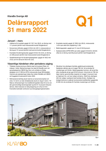 Thumbnail KlaraBo Sverige Quarterly Report 2022-q1