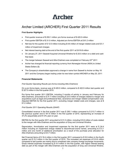Thumbnail Archer Limited Quarterly Report 2011-q1