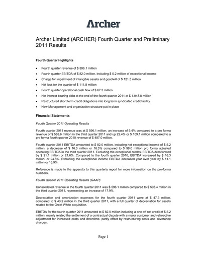 Thumbnail Archer Limited Quarterly Report 2011-q4