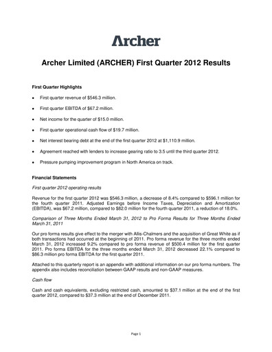 Thumbnail Archer Limited Quarterly Report 2012-q1