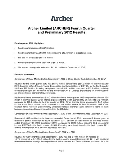 Thumbnail Archer Limited Quarterly Report 2012-q4
