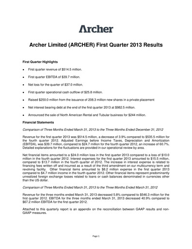Thumbnail Archer Limited Quarterly Report 2013-q1
