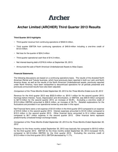 Thumbnail Archer Limited Quarterly Report 2013-q3