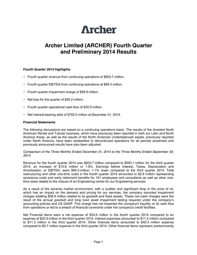 Thumbnail Archer Limited Quarterly Report 2014-q4