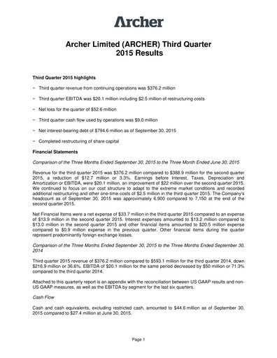 Thumbnail Archer Limited Quarterly Report 2015-q3