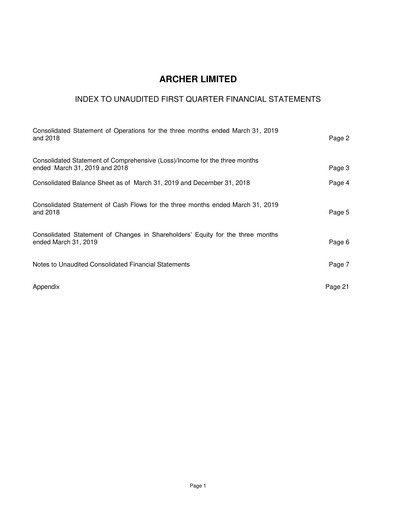 Thumbnail Archer Limited Quarterly Report 2019-q1