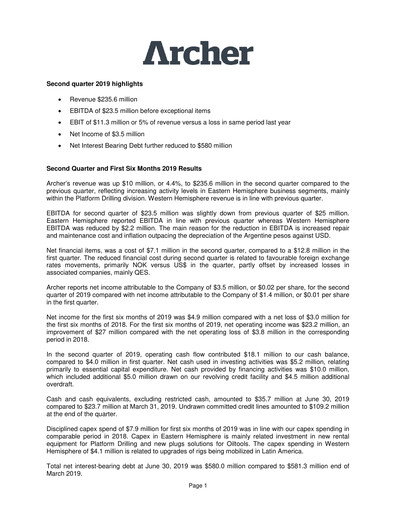 Thumbnail Archer Limited Quarterly Report 2019-q2