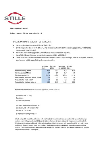 Thumbnail Stille AB Quarterly Report 2015-q1