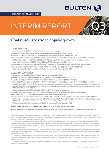 Thumbnail Bulten AB Quarterly Report 2014-q3