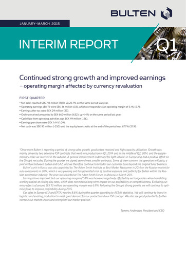 Thumbnail Bulten AB Quarterly Report 2015-q1