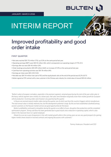 Thumbnail Bulten AB Quarterly Report 2016-q1