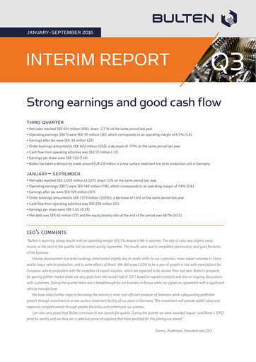 Thumbnail Bulten AB Quarterly Report 2016-q3