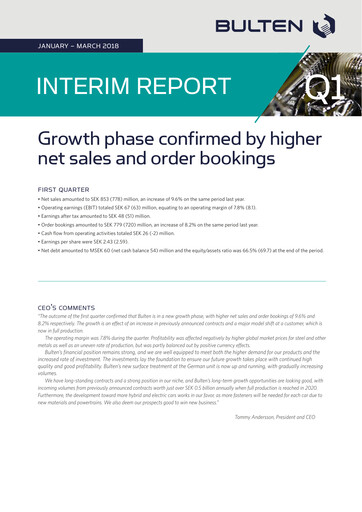Thumbnail Bulten AB Quarterly Report 2018-q1