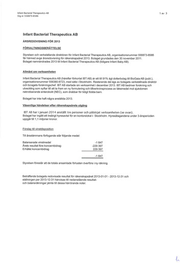Thumbnail Infant Bacterial Therapeutics AB Annual Report 2013