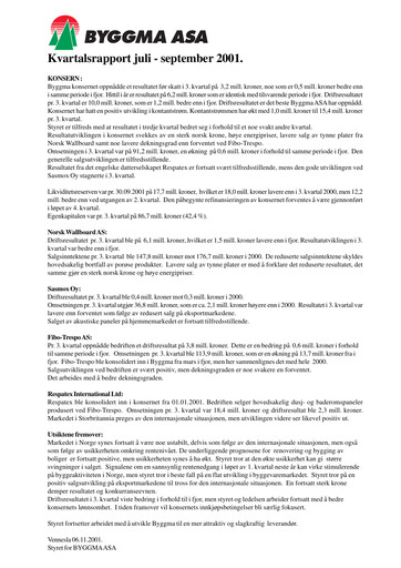 Thumbnail Byggma ASA Quarterly Report 2001-q3