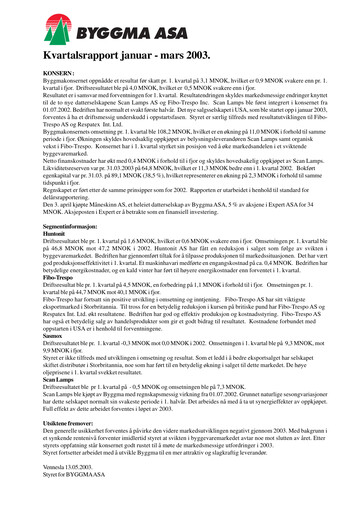 Thumbnail Byggma ASA Quarterly Report 2003-q1