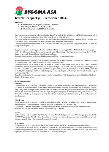 Thumbnail Byggma ASA Quarterly Report 2004-q3