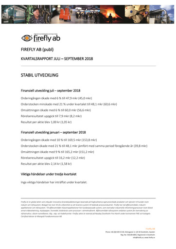 Thumbnail Firefly AB Quarterly Report 2018-q3